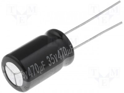 Кондензатор CE-470/35PHT-Y Кондензатор: електролитен; THT; 470uF; 35V; O10x16mm; Растер:5mm